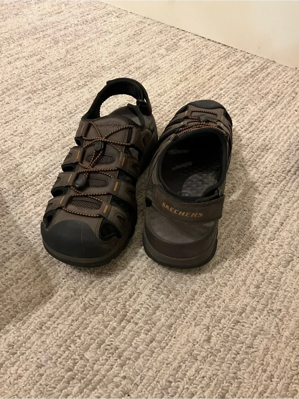 Skechers Men’s Brown and Black Outdoor Sport Sandals with Orange Accents
